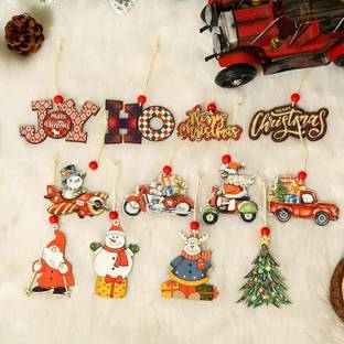 APS Art Plus Store Christmas Tree Decorative MDF Wooden UV Printed Hanging Ornaments Hanging Ornaments Pack of 12