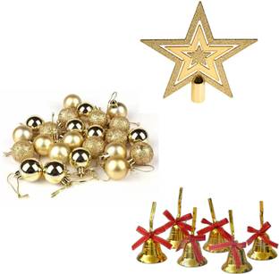 manrish Golden Balls,Bells & Tree Top For Christmas Tree Hanging Decoration Hanging Ornaments Pack of 19