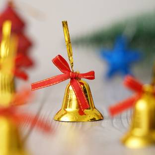 eCraftIndia Christmas Jingle Bells with Red Ribbon Ornamental Bells Pack of 1