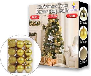 FIZZYTECH Christmas Balls Gold Hanging Perfect Xmas Tree Decorations (3 CM, Pes of 24) Balls Pack of 1