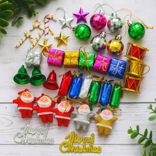 BUC Xmas Decoration Hanging Ornaments Balls, Bells, Gifts Hanging Ornaments Pack of 40