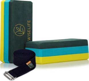 Wiselife Blue Grey Pro Yoga Block | Yoga Brick+ Yoga Belt (Combo, Regular Size) TPE Yoga Blocks