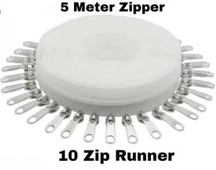 ZipPro Zipper Roll (#5) 5 Meter with 10 Zip Puller White Nylon Two Way Closed-ended Zipper