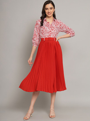 knee length dresses for ladies Women White & Red Floral Printed A-Line Wrap Mini Dress main image 1
