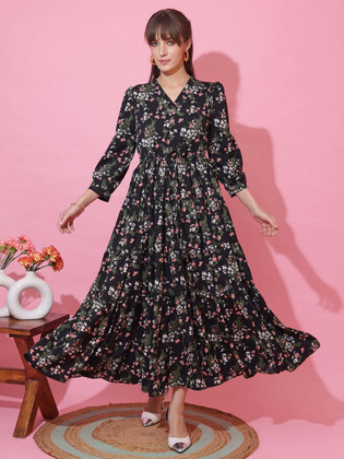 chinese dress ladies White Print Plunge Neckline Gown: Modern Indian Elegance USA S / White main image 1
