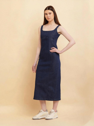 white christmas dresses Denim Silk Long Dress with Slits – HUMERA's Ensembles