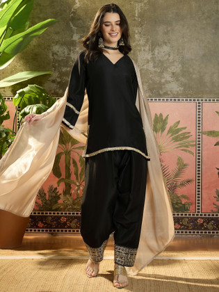 black punjabi dress Black Plus Size Jacquard Embroidered Punjabi Suit Set – BONYHUB main image 1