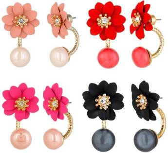 Elegant White/Pink Rose Flower Imitation Pearl Double Sided Stud Earrings For Women 