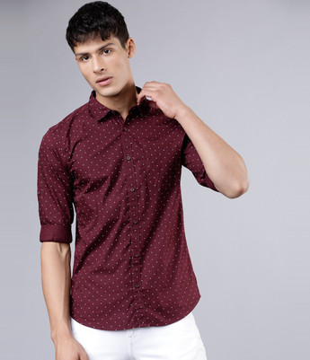 maroon shirt with white buttons