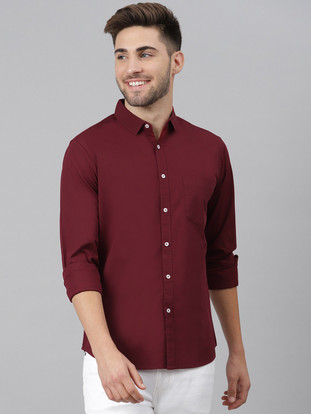 maroon shirt with white buttons