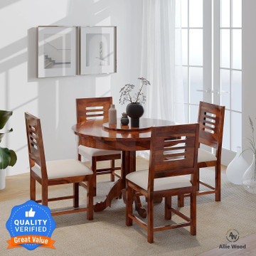 Round Dining Table Set For 4 - 42 Inch Wood Table & PU Leather Chairs, Modern Kitchen Set For Small Spaces