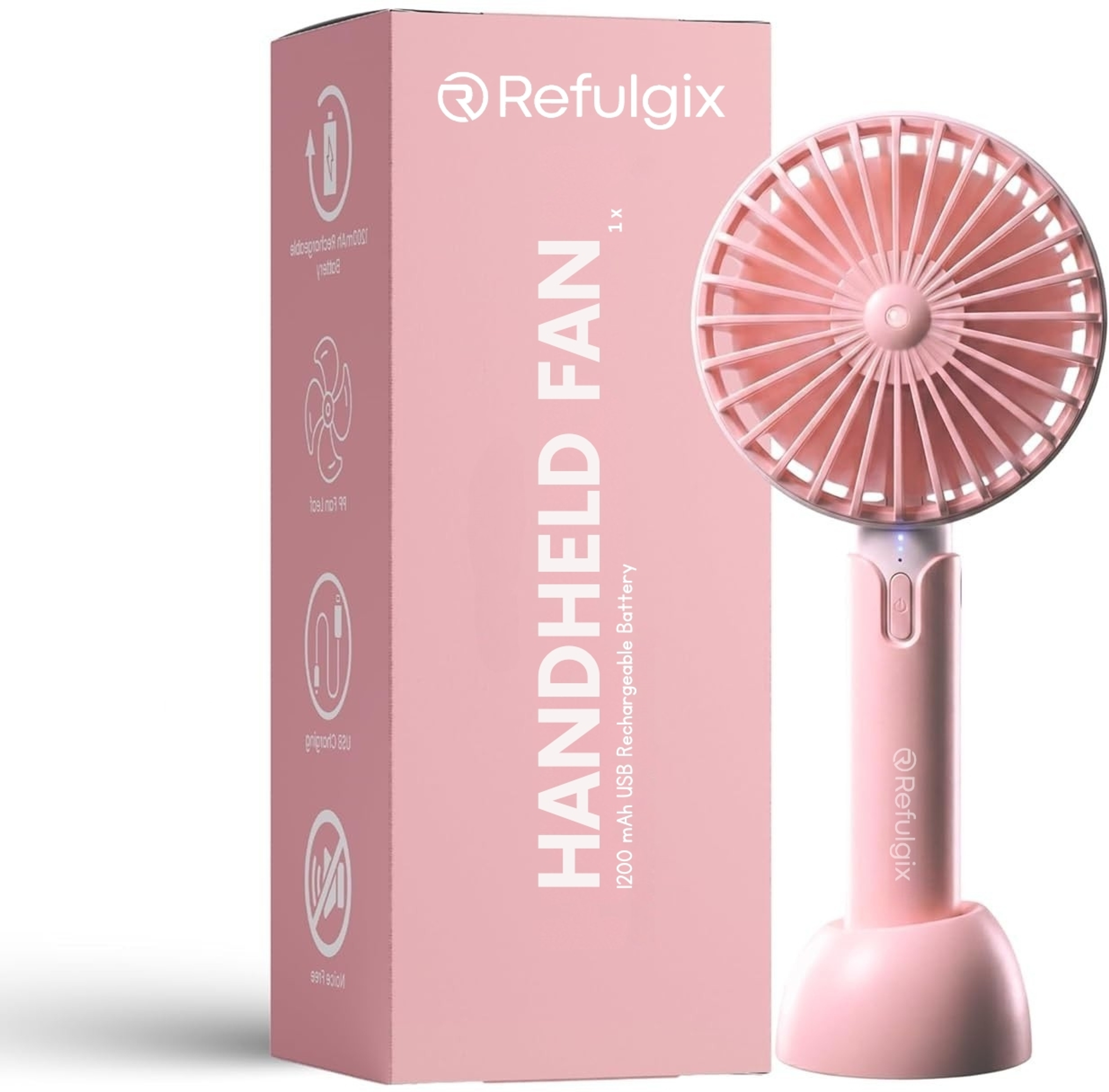 Refulgix USB Rechargeable Mini Portable Pink Hand Fan With Noise Cancelling Design 1200Amh Battery Operated Personal Fan for Women, Makeup, Office, Travel, USB Fan