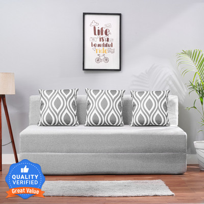 Solis Primus-comfort for all 5x6 size for 3 Person- Jute Fabric Washable Cover with 3 Cushion Silver Jute.. 3 Seater Double Foam Fold Out Sofa Cum Bed (Finish Color - Silver Delivery Condition - Pre-assembled)