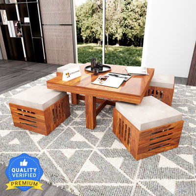 Kendalwood Furniture Premium Quality 4 Stool Coffee Table Center Table for living room Furniture Solid Wood Coffee Table (Finish Color - Honey Finish With Cream Cushion, Pre-assembled)