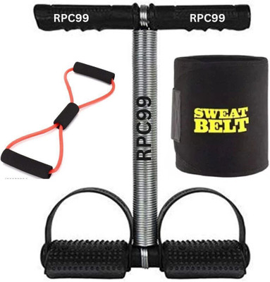 RPC99 Tummy Trimmer Single Spring Black (With Chest Expander Rope) and sweat belt Ab Exerciser (Multicolor)