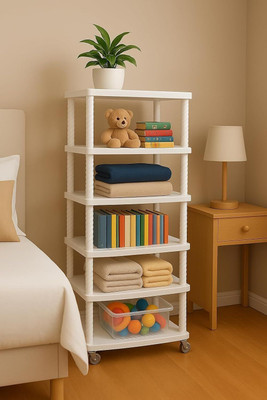 HEGZI Multipurpose Rack with Wheels, Storage Organizer for Books, Clothes, Toys, Plastic Open Book Shelf (Finish Color - White, DIY(Do-It-Yourself))