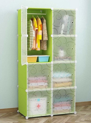 KriShyam ® Cube Storage Organizer 8-Cube DIY Plastic Closet Cabinet with Doors PP Collapsible Wardrobe (Finish Color - Green, DIY(Do-It-Yourself))