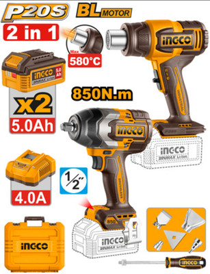 INGCO 2PCS COMBO KIT HGLI2008 CORDLESS HEAT GUN WITH 850NM Cordless Impact Wrench