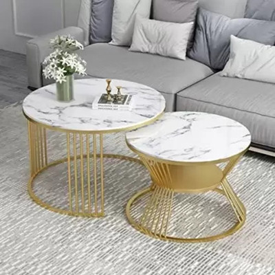 bloo mart Present Modern Two nesting side tables and end table for the living room madeof Metal Nesting Table (Finish Color - White & Golden, Set of - 2, Pre-assembled)