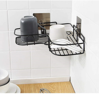 Nilkanth collection Multipurpose Self Adhesive Wall-Mounted Corner Storage Rack Bathroom Stainless Steel Wall Shelf (Number of Shelves - 1, Black)