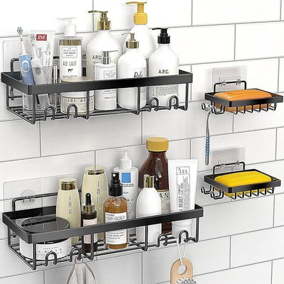 Frap Bathroom Shelve with Hook Wall Mount Storage Bathroom Shelf Pack of 2 Stainless Steel Wall Shelf (Number of Shelves - 2, Black)
