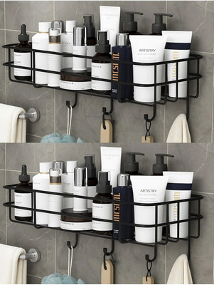 Zolento Self-Adhesive Bathroom Shelf, Rustproof Wall Storage Rack with 4 Hooks Iron Wall Shelf (Number of Shelves - 2, Black)