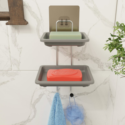 MY International Double Layer Stainless Steel Soap Dish Stand with hooks (Silver)
