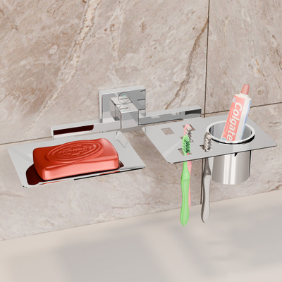 Nexanest Minimalist Dual Soap Dish/Stand & Tumbler Organizer/Accessories For Bathroom | Stainless Steel Toothbrush Holder (Silver, Wall Mount)