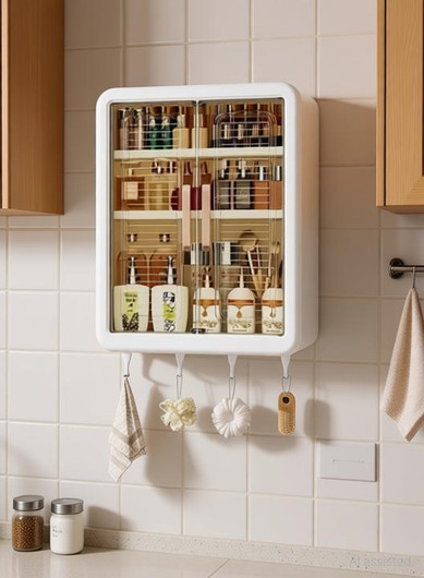 Bhakti Wall-Mounted Self-Adhesive Bathroom & Kitchen Organiser with Doors and Shelves Stainless Steel Wall Shelf Number of Shelves - 3, White
