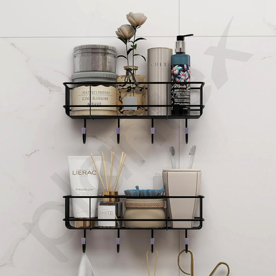 MY International METAL BATHROOM WALL SHELF WITH 4 HOOK FOR BATHROOM SHOWER Black