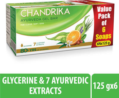 Chandrika by Wipro With Glycerine Ayurveda Gel Bathing Bar Soap,| Jojoba Oil for Moisturized Skin 6 x 125 g