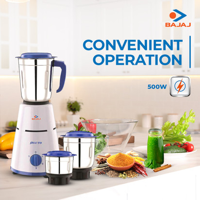 BAJAJ Pluto 3 Jar 500 W Mixer Grinder 3 Jars White Blue Price
