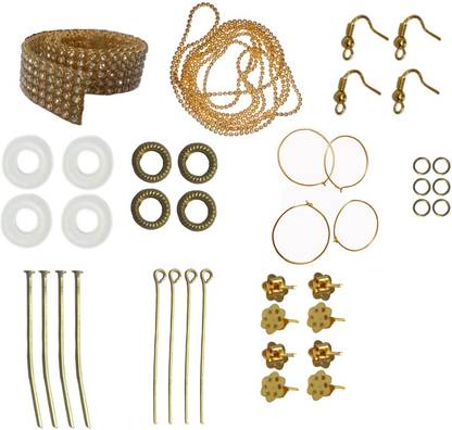 RKB Jewellery making items mini kit - stone and gold strips, earring hooks, big and small stud round base, head and eye pin