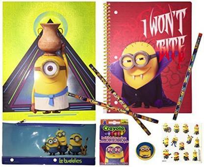 Despicable Me Minions 9 Piece: Vampire Spiral Notebook Wide Ruled, One 2 Pocket Folder, Crayola Crayons, Pencil Case, 3 Pencils, Eraser, Stickers