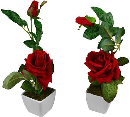 Ahana Creations Red Rose Artificial Flower  with Pot