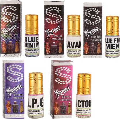 SHAMA 3ml each combo of 5 Assorted Fragrance J.P.G, Favak, Victory, Blue Denim, Blue For Men Floral Attar