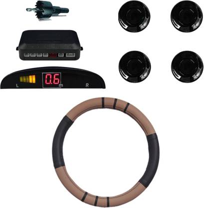 Allure Auto 1 Ring Type Car Steering Cover, Car Reverse Parking Sensor With Led Display- Black Combo