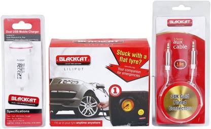 BLACK CAT 1 Tyre Inflator, 1 Car charger, 1 AUX cable, warranty card Combo