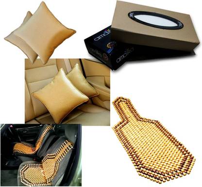 AUTO PEARL 1Pcs Wooden Bead Seat Cover, 1Pcs Beige Car Cushion Pillow, 1Pcs Car Tissue Paper with Box Beige Combo