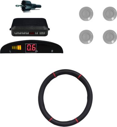 Allure Auto 1 Ring Type Car Steering Cover, Car Reverse Parking Sensor With Led Display- Silver Combo