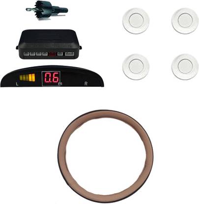 Allure Auto 1 Ring Type Car Steering Cover, Car Reverse Parking Sensor With Led Display- White Combo