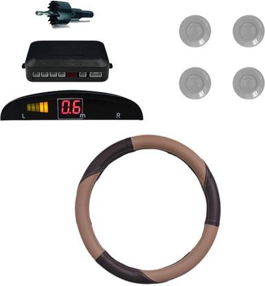 Allure Auto 1 Ring Type Car Steering Cover, Car Reverse Parking Sensor With Led Display- Silver Combo