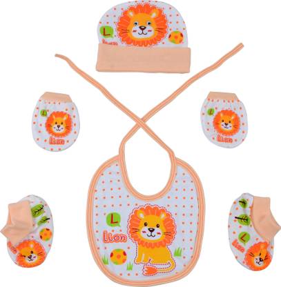 Baby Grow Cap Bib Mittens Booties Set Cute Animal Print