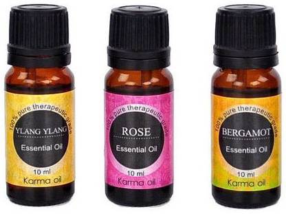 Karmakara Set of 3, 100% Pure Therapeutic Essential Oils Ylang Bergamot Rose Aroma oils 10ml