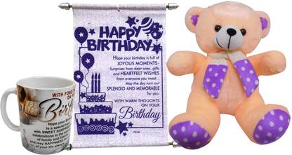 Saugat Traders Birthday Gift Combo - Soft Teddy, Birthday Scroll Card & Coffee Mug
