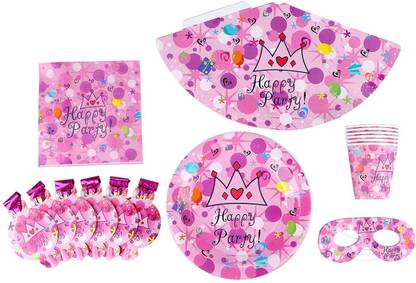 GeekGoodies Pink Theme Birthday Party Set With Paper Plates, Glass, Straw - Pink