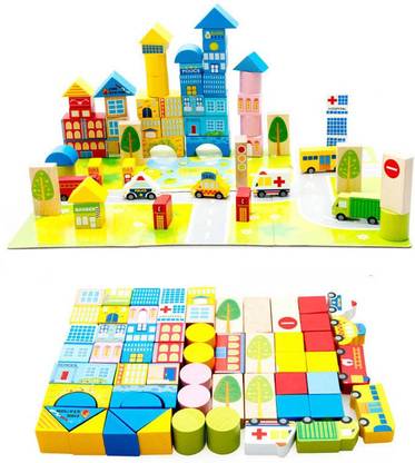 EMOB 62 Pcs Colorful Wooden City Blocks Puzzle Learning Game For toddler