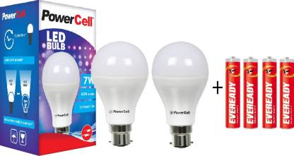 PowerCell 7 W LED Bulb Pack of 2 with Free 4 Batteries
