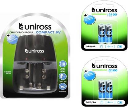 Uniross Compact 9V Charger & 2+2U AA 2100 Series Rechargeable Battery  Camera Battery Charger