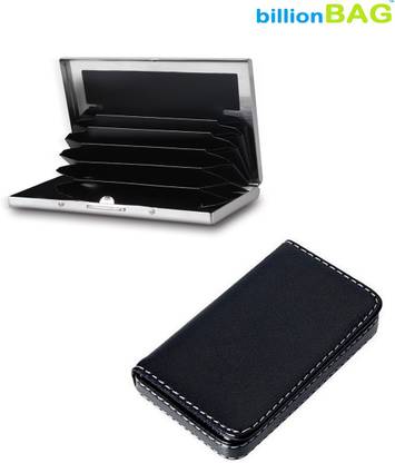 billionBAG New Steel Plain Luxurious Silver ATM & Soft Black Leather Metal Silver Visiting 6 Card Holder